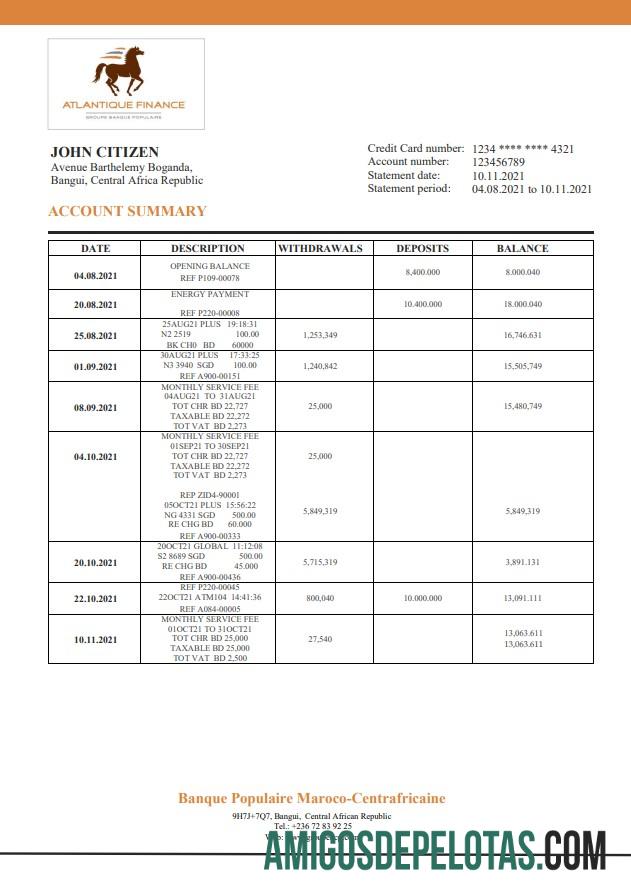 Modelo de extrato bancário do Banque Populaire Maroco Centrafricaine da República Centro-Africana